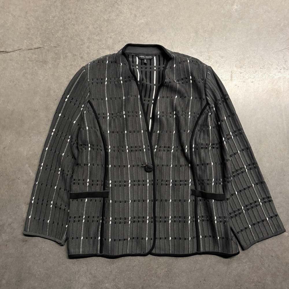 Ming Wang Grey Black Grid Knit Single Button Jacket Blazer Plus Size 2X